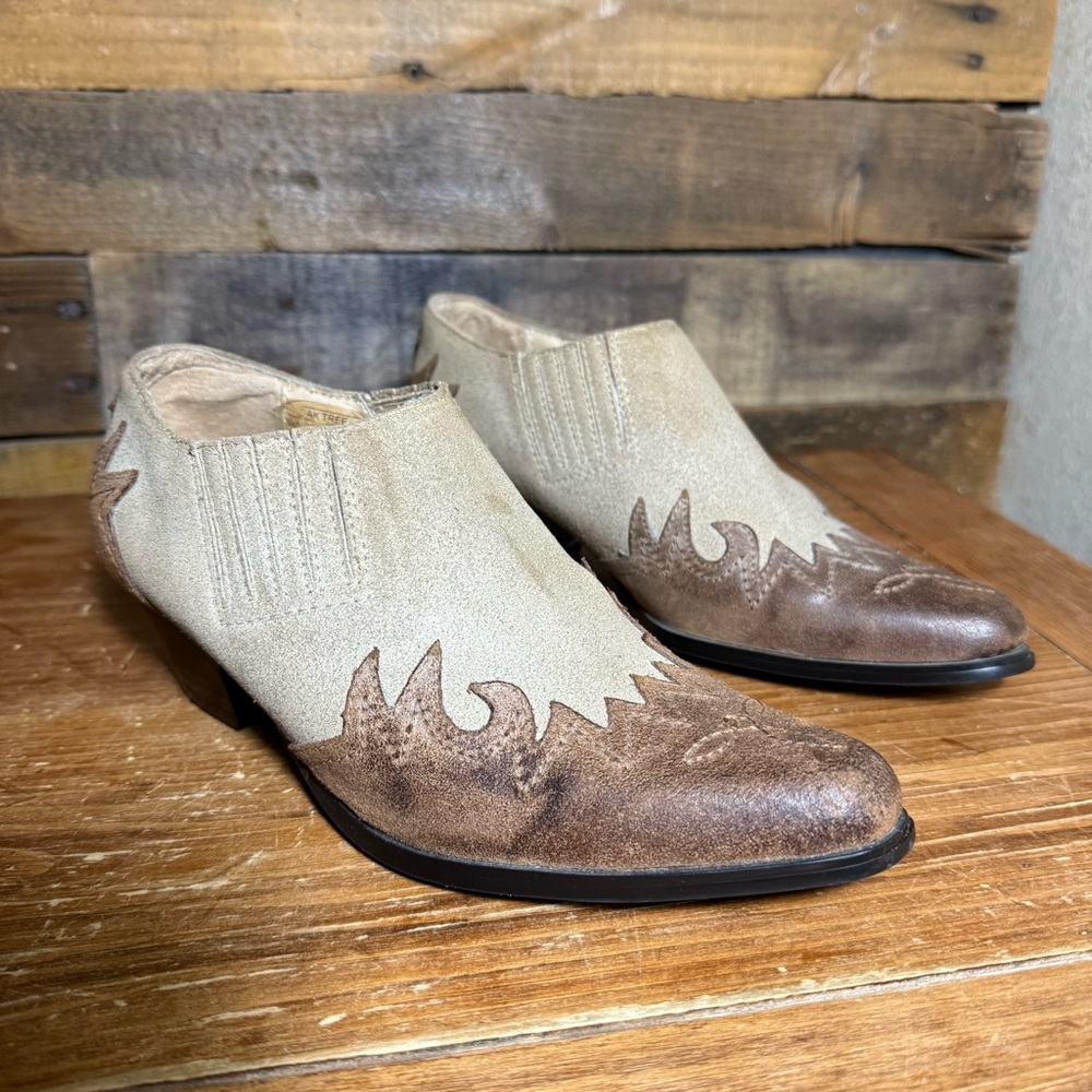 Oak Tree Farm Brown Western Cowgirl Leather Booties 7 Low Heel Tan & Brown